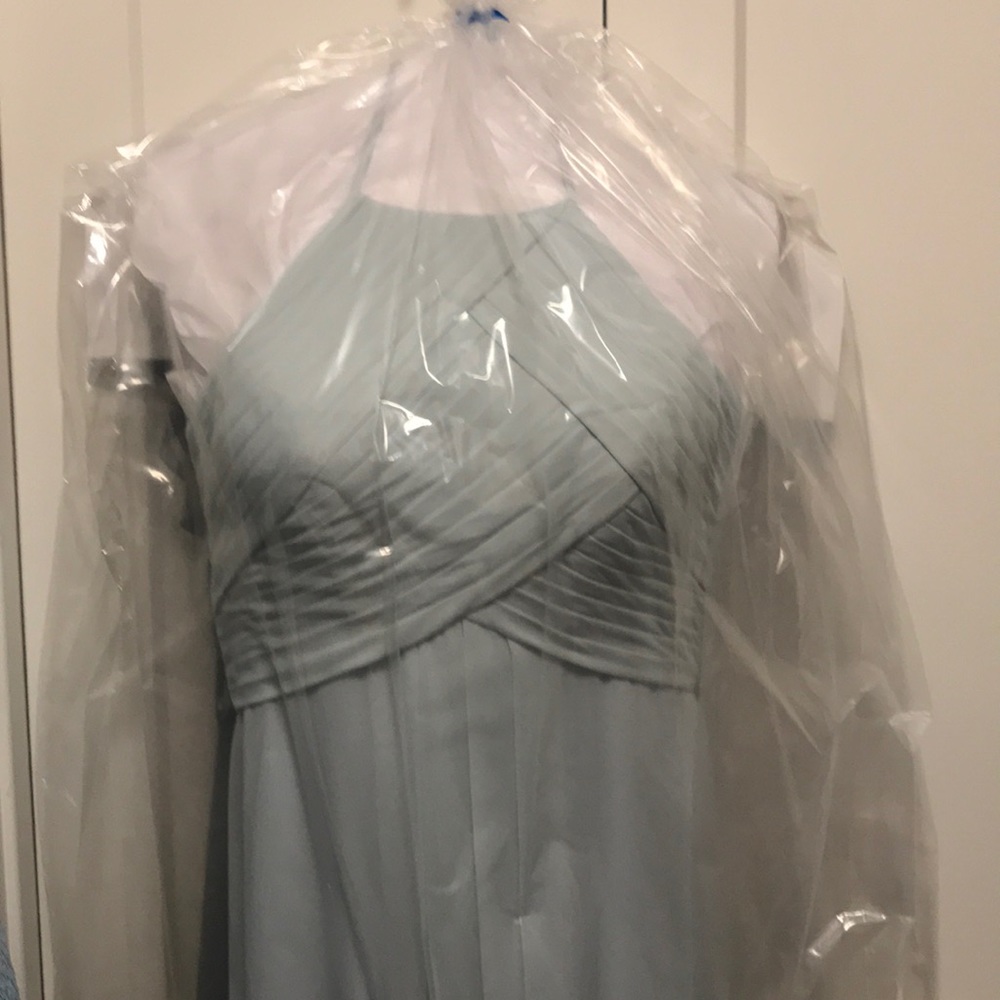 Light blue, chiffon bridesmaids dress.